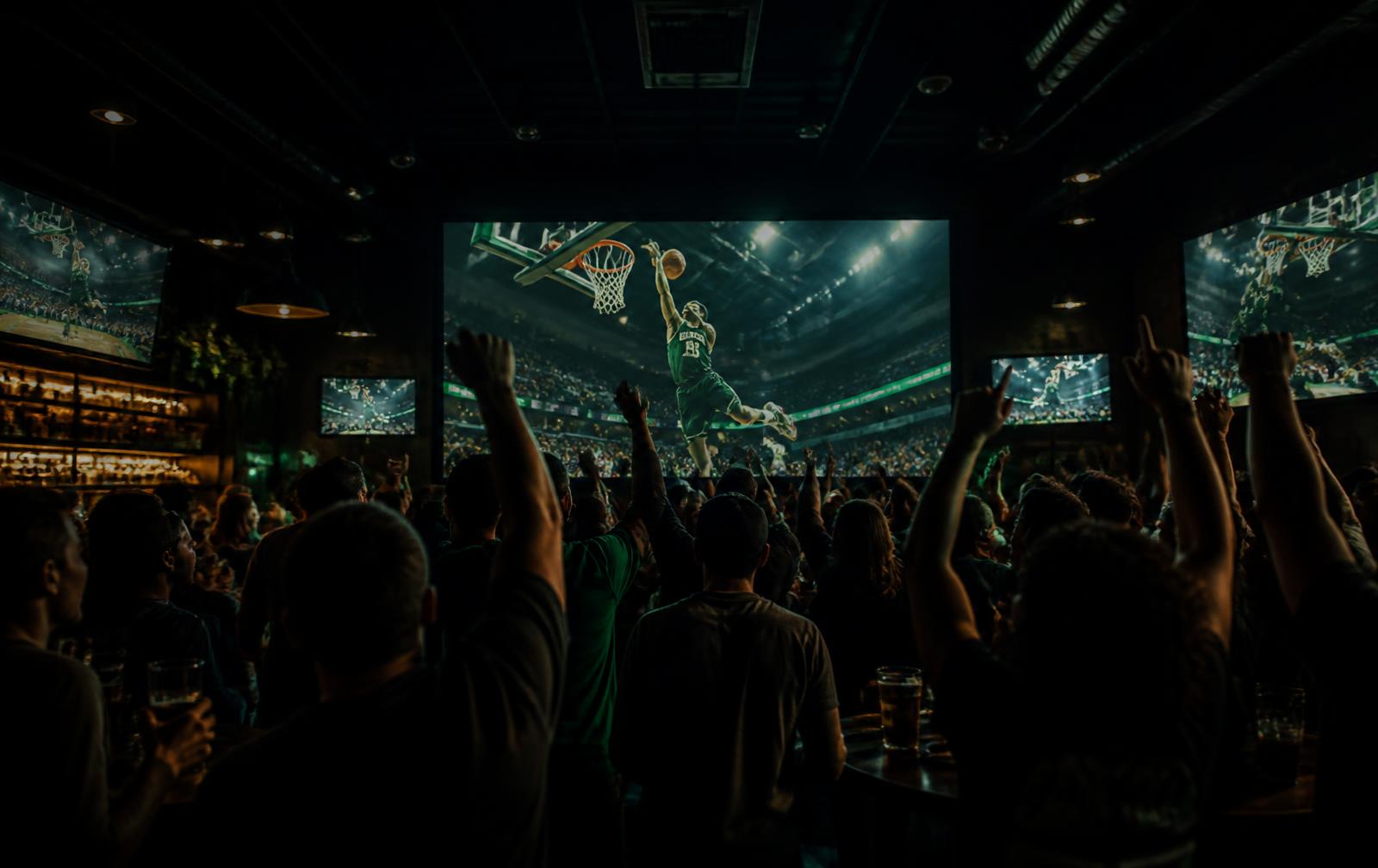 Fans celebrating at a March basketball viewing party